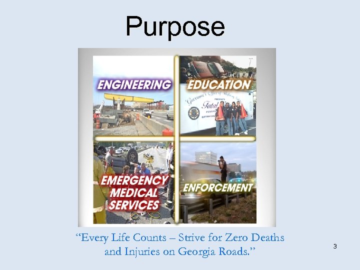 Purpose “Every Life Counts – Strive for Zero Deaths and Injuries on Georgia Roads.