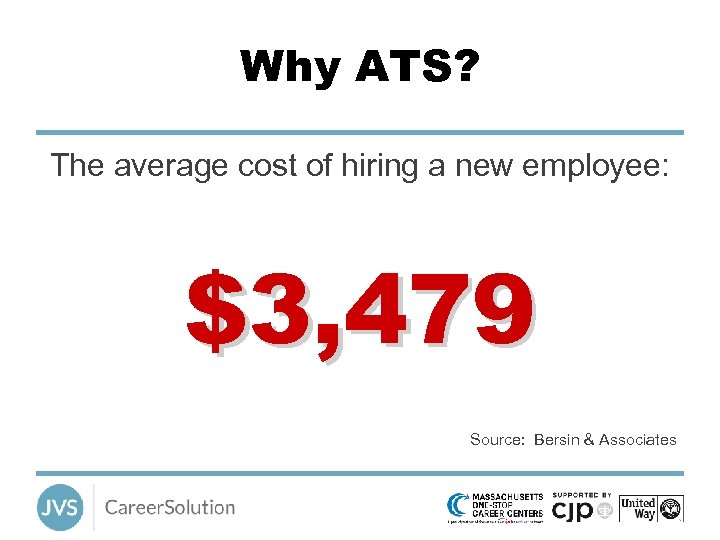 Why ATS? The average cost of hiring a new employee: $3, 479 Source: Bersin