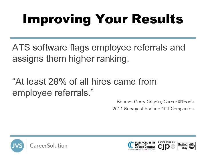 Improving Your Results ATS software flags employee referrals and assigns them higher ranking. “At