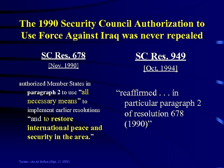 The 1990 Security Council Authorization to Use Force Against Iraq was never repealed SC