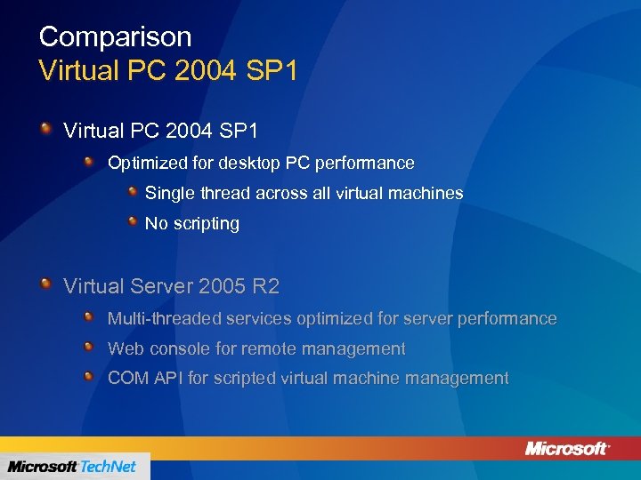 Comparison Virtual PC 2004 SP 1 Optimized for desktop PC performance Single thread across