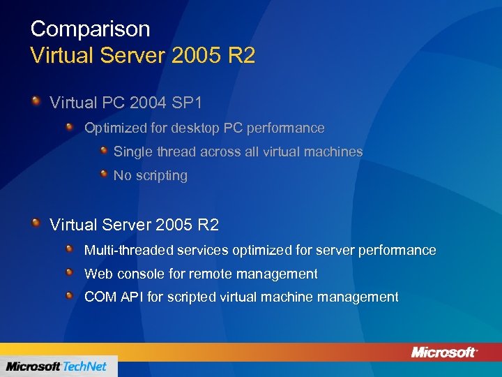 Comparison Virtual Server 2005 R 2 Virtual PC 2004 SP 1 Optimized for desktop