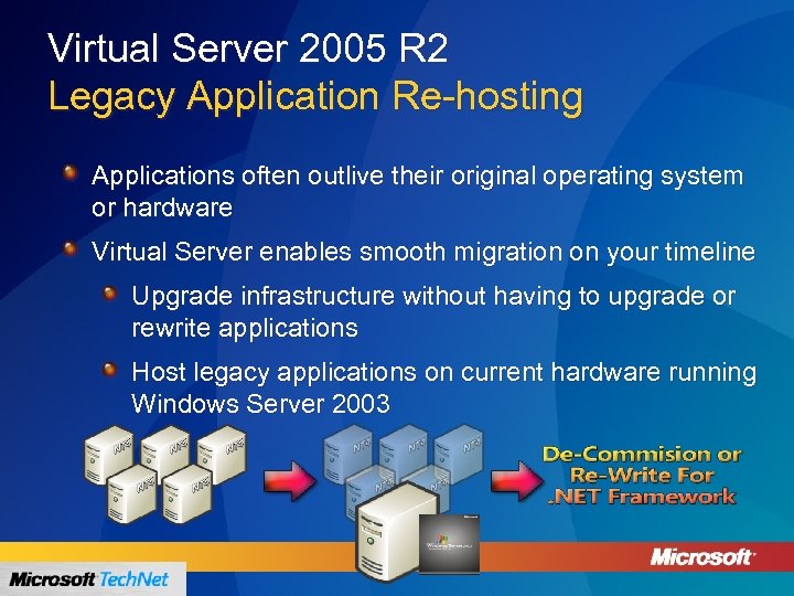 Virtual Server 2005 R 2 Legacy Application Re-hosting Applications often outlive their original operating