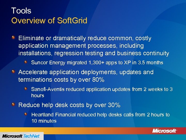 Tools Overview of Soft. Grid Eliminate or dramatically reduce common, costly application management processes,