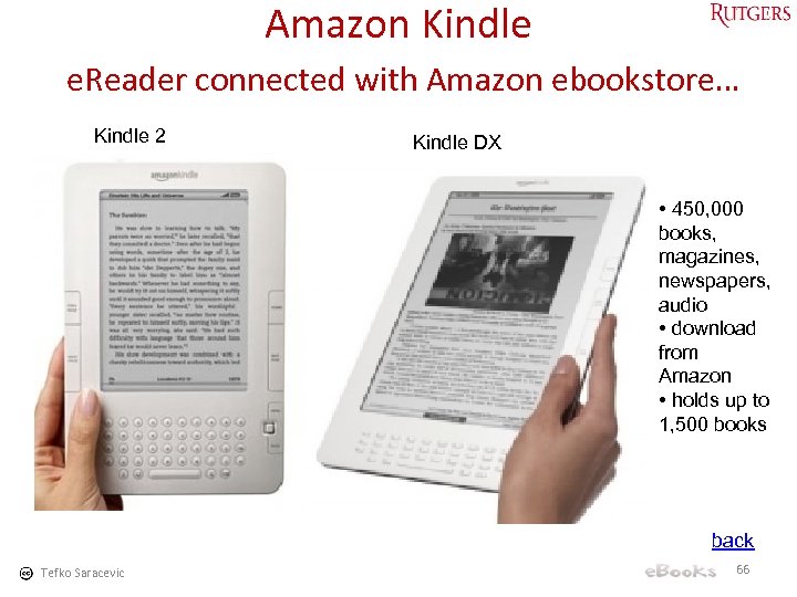 Amazon Kindle e. Reader connected with Amazon ebookstore… Kindle 2 Kindle DX • 450,