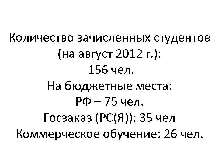 Количество зачисленных студентов (на август 2012 г. ): 156 чел. На бюджетные места: РФ