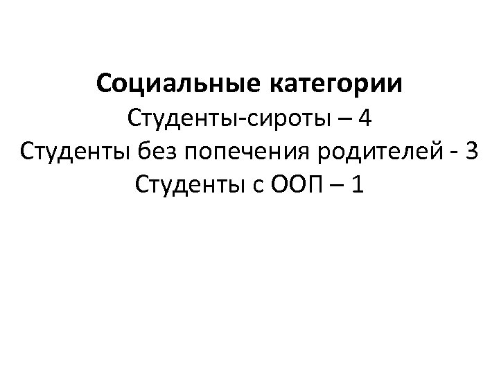 Социальные категории Студенты-сироты – 4 Студенты без попечения родителей - 3 Студенты с ООП