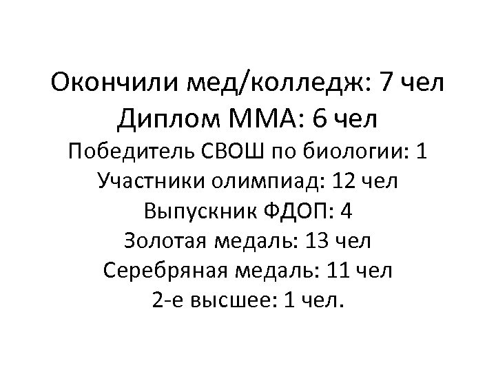 Окончили мед/колледж: 7 чел Диплом ММА: 6 чел Победитель СВОШ по биологии: 1 Участники