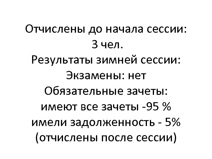 Отчислены до начала сессии: 3 чел. Результаты зимней сессии: Экзамены: нет Обязательные зачеты: имеют