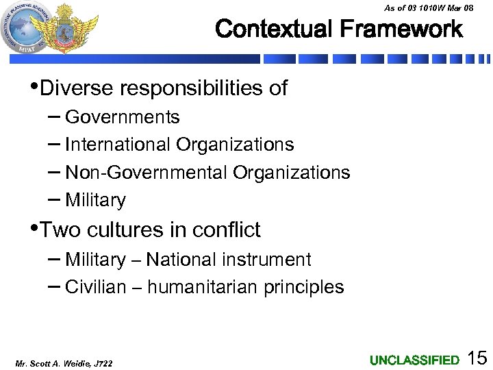 As of 03 1010 W Mar 08 Contextual Framework • Diverse responsibilities of –