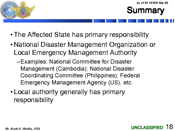 As of 03 1010 W Mar 08 Summary • The Affected State has primary