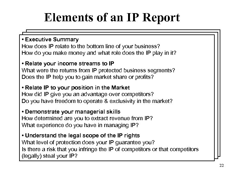 Elements of an IP Report • Executive Summary How does IP relate to the
