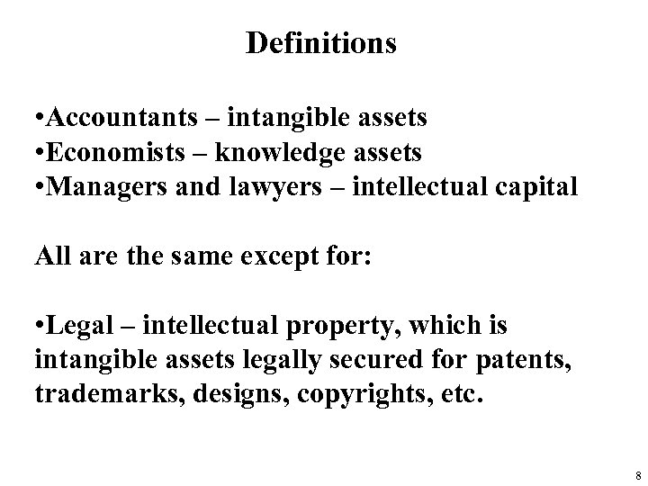 Definitions • Accountants – intangible assets • Economists – knowledge assets • Managers and