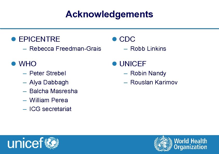 Acknowledgements l EPICENTRE – Rebecca Freedman-Grais l WHO – – – Peter Strebel Alya