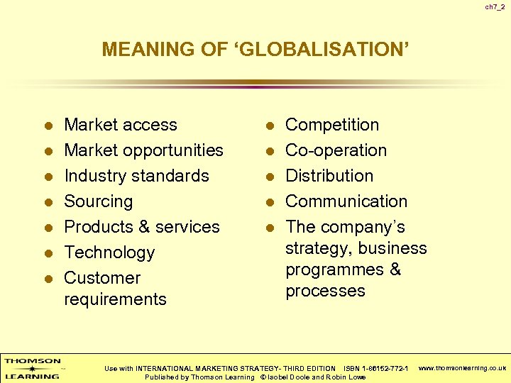 ch 7_2 MEANING OF ‘GLOBALISATION’ l l l l Market access Market opportunities Industry