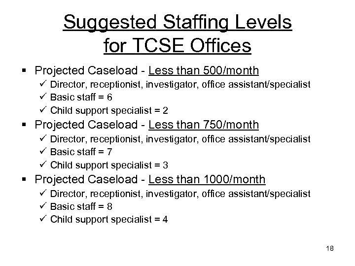 Suggested Staffing Levels for TCSE Offices § Projected Caseload - Less than 500/month ü