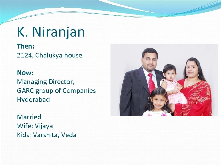 K. Niranjan Then: 2124, Chalukya house Now: Managing Director, GARC group of Companies Hyderabad
