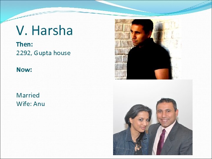 V. Harsha Then: 2292, Gupta house Now: Married Wife: Anu 