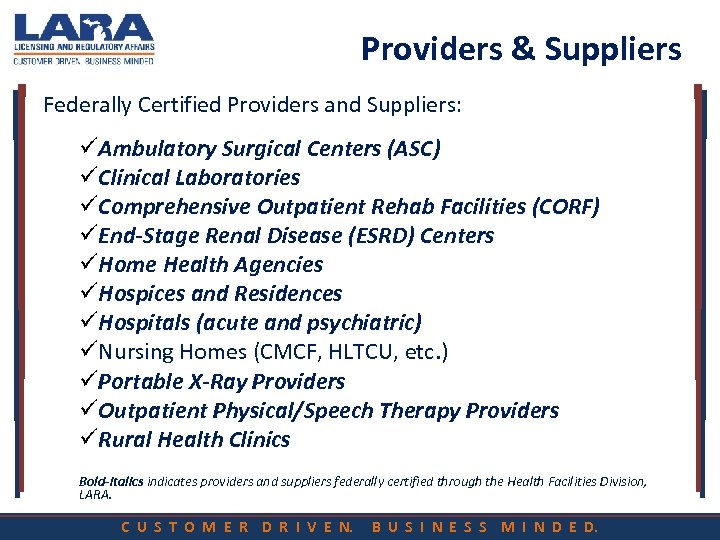 Providers & Suppliers Federally Certified Providers and Suppliers: üAmbulatory Surgical Centers (ASC) üClinical Laboratories