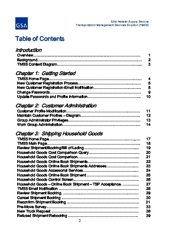 GSA Federal Supply Service Transportation Management Services Solution (TMSS) Table of Contents Introduction Overview….