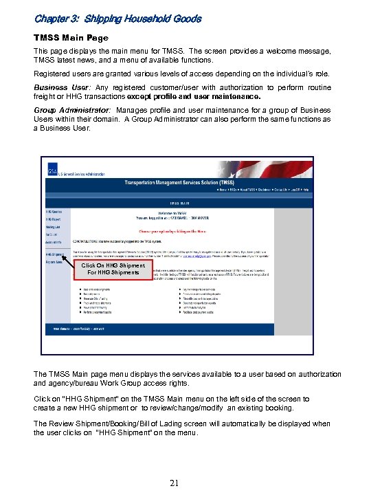 Chapter 3: Shipping Household Goods TMSS Main Page This page displays the main menu