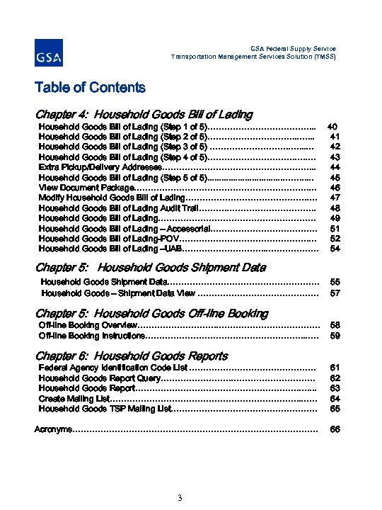 GSA Federal Supply Service Transportation Management Services Solution (TMSS) Table of Contents Chapter 4: