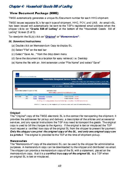 Chapter 4: Household Goods Bill of Lading View Document Package (HHG) TMSS automatically generates