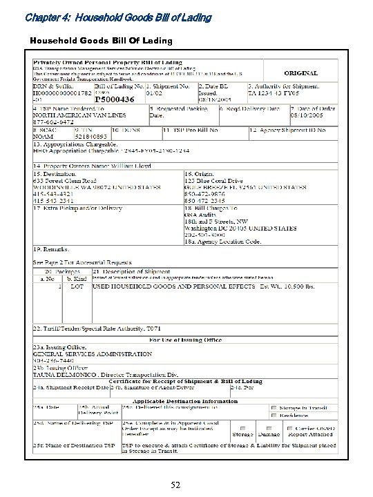 Chapter 4: Household Goods Bill of Lading Household Goods Bill Of Lading 52 