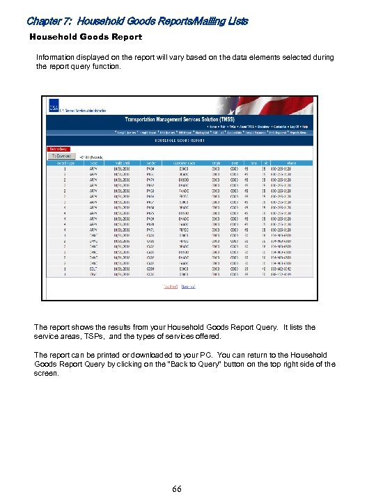 Chapter 7: Household Goods Reports/Mailing Lists Household Goods Report Information displayed on the report