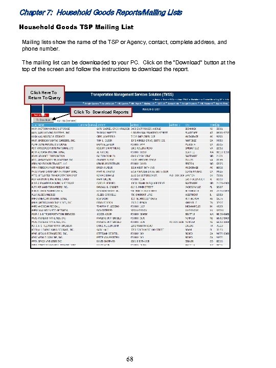 Chapter 7: Household Goods Reports/Mailing Lists Household Goods TSP Mailing List Mailing lists show