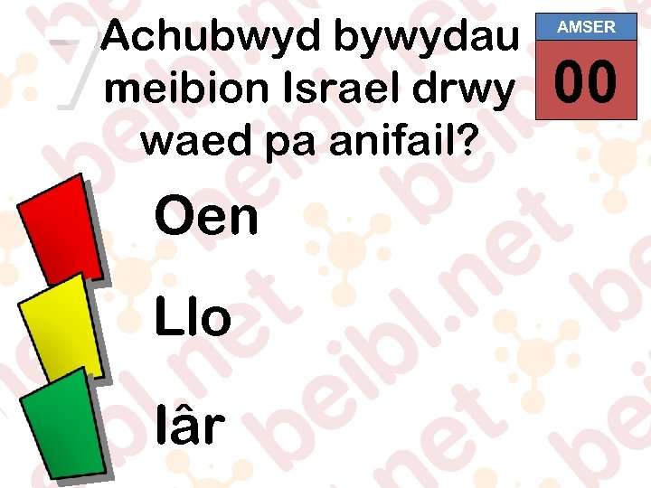7 Achubwyd bywydau meibion Israel drwy waed pa anifail? Oen Llo Iâr AMSER 00