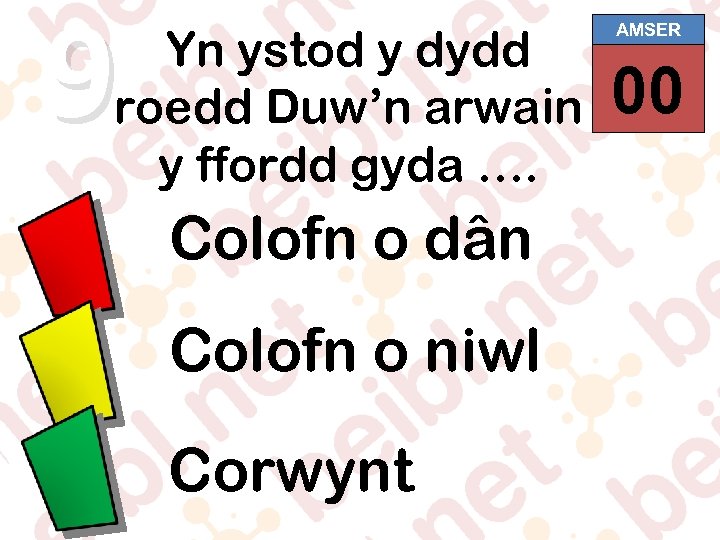 9 Yn ystod y dydd roedd Duw’n arwain y ffordd gyda …. Colofn o