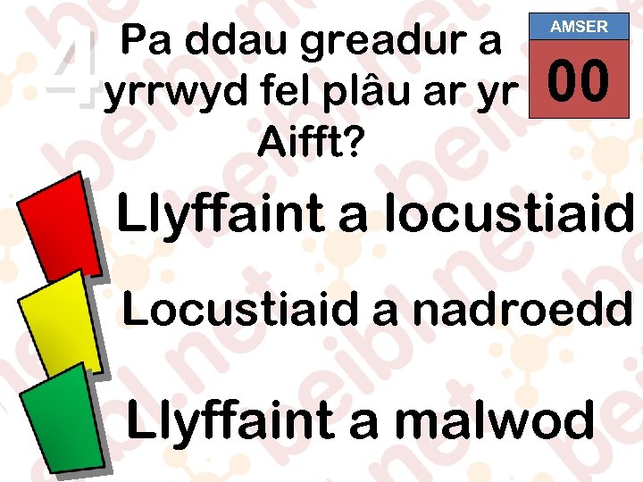 4 Pa ddau greadur a yrrwyd fel plâu ar yr Aifft? AMSER 00 01