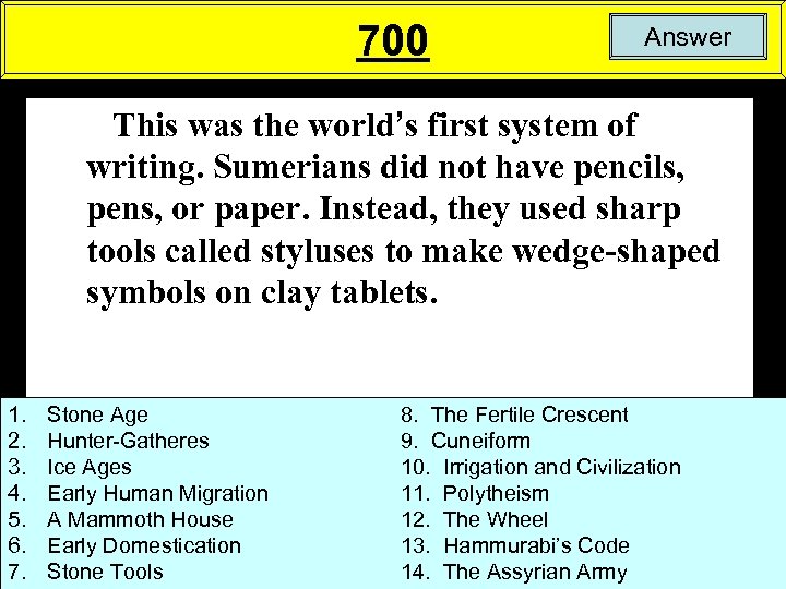 700 Answer This was the world’s first system of writing. Sumerians did not have