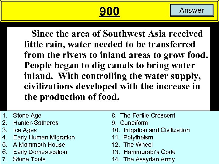 900 Answer Since the area of Southwest Asia received little rain, water needed to