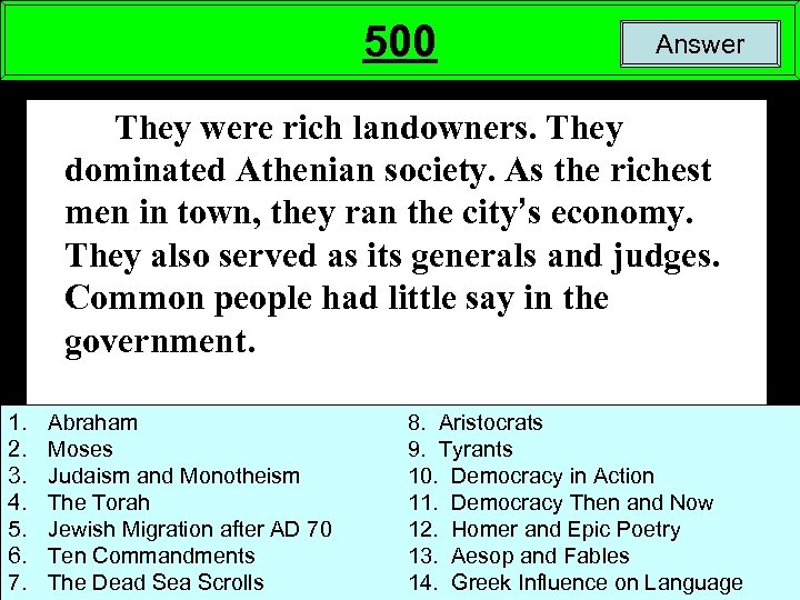 500 Answer They were rich landowners. They dominated Athenian society. As the richest men