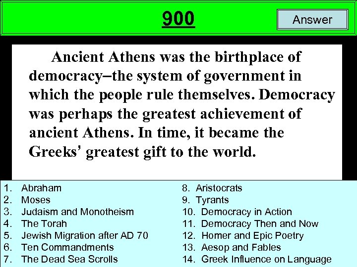 900 Answer Ancient Athens was the birthplace of democracy–the system of government in which