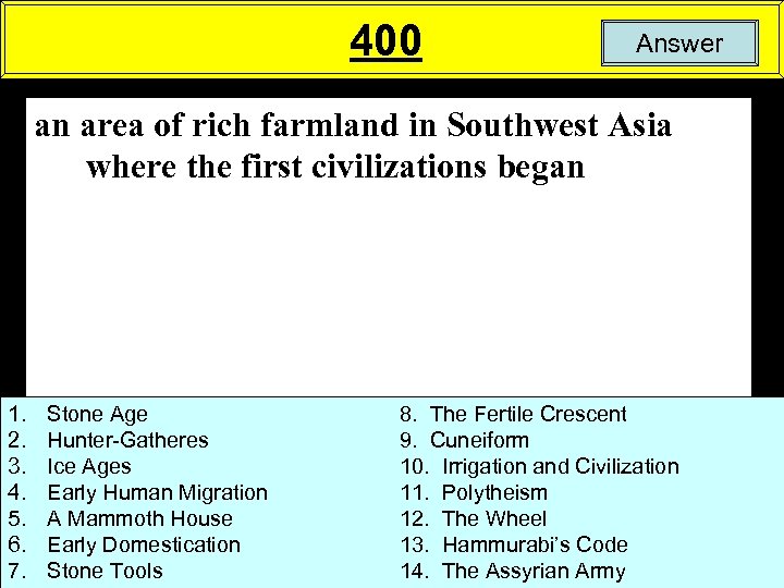 400 Answer an area of rich farmland in Southwest Asia where the first civilizations