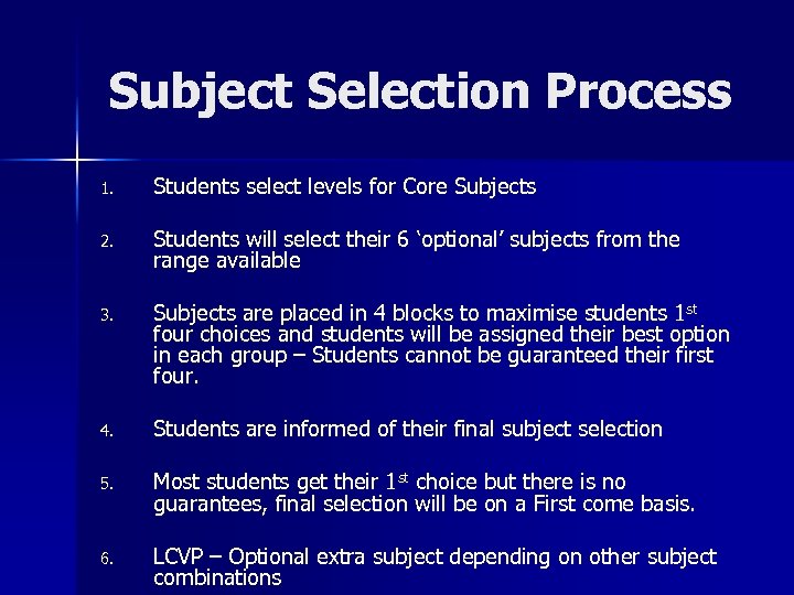 Subject Selection Process 1. Students select levels for Core Subjects 2. Students will select