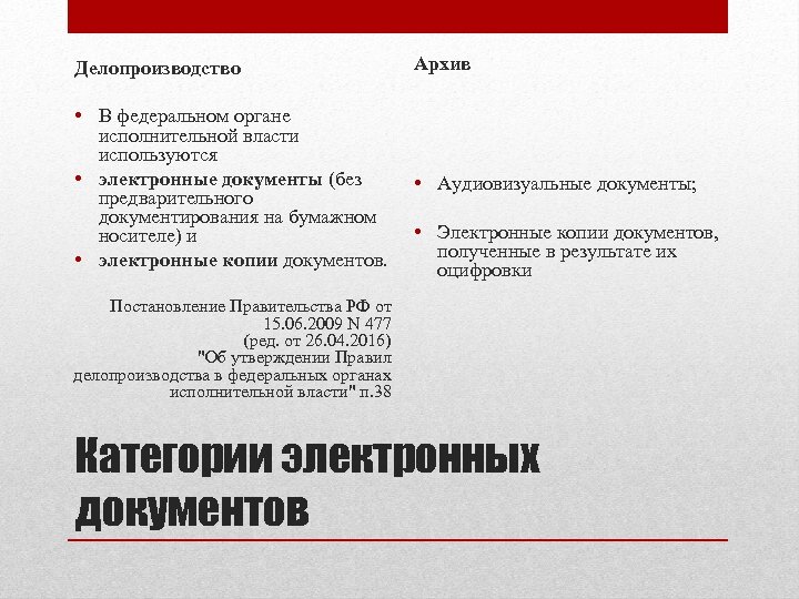 Делопроизводство • В федеральном органе исполнительной власти используются • электронные документы (без предварительного документирования