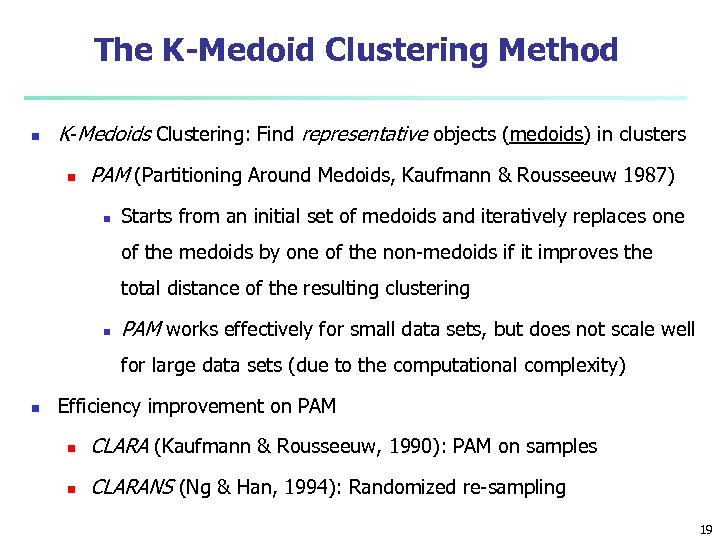 The K-Medoid Clustering Method n K-Medoids Clustering: Find representative objects (medoids) in clusters n