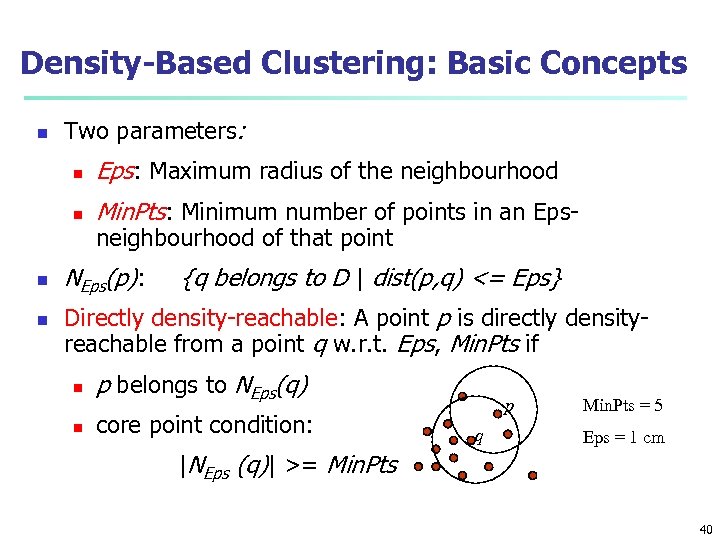 Density-Based Clustering: Basic Concepts n Two parameters: n n Eps: Maximum radius of the