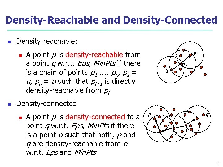 Density-Reachable and Density-Connected n Density-reachable: n n A point p is density-reachable from a