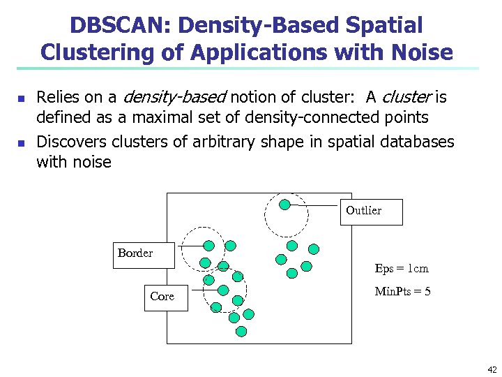 DBSCAN: Density-Based Spatial Clustering of Applications with Noise n n Relies on a density-based