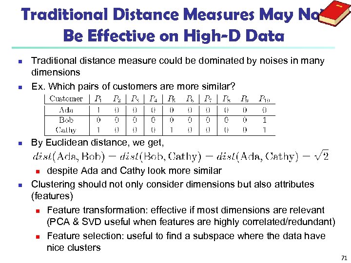 Traditional Distance Measures May Not Be Effective on High-D Data n Traditional distance measure