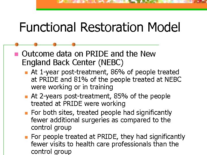 Functional Restoration Model n Outcome data on PRIDE and the New England Back Center