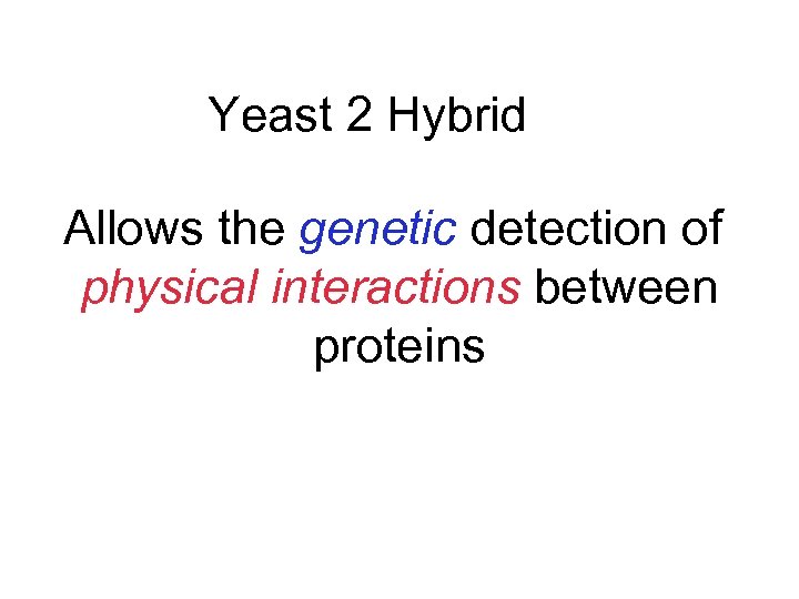 Yeast 2 Hybrid Allows the genetic detection of physical interactions between proteins 