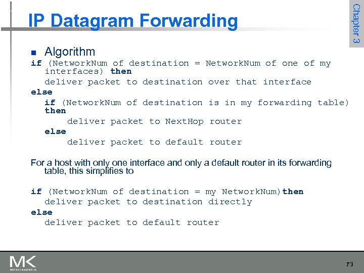 Chapter 3 IP Datagram Forwarding n Algorithm if (Network. Num of destination = Network.