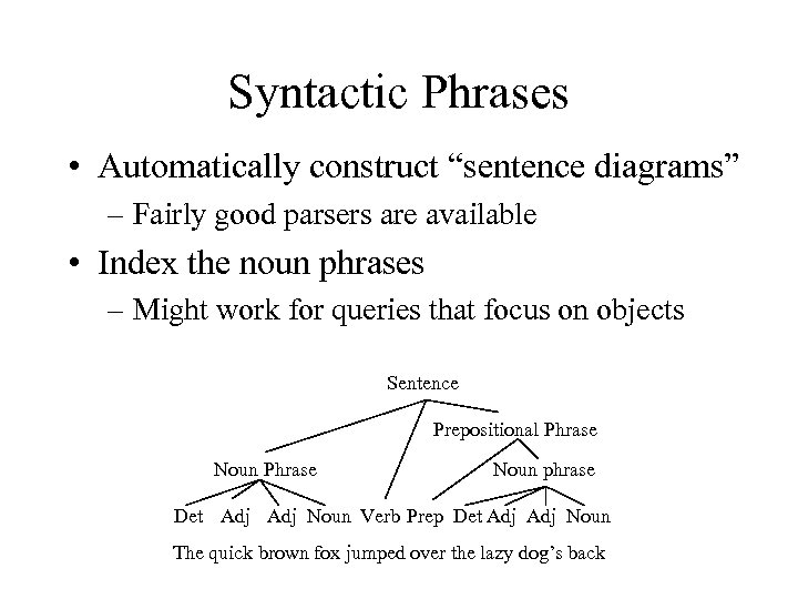 Syntactic Phrases • Automatically construct “sentence diagrams” – Fairly good parsers are available •