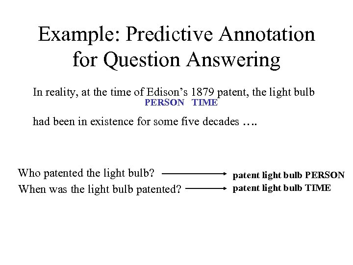 Example: Predictive Annotation for Question Answering In reality, at the time of Edison’s 1879
